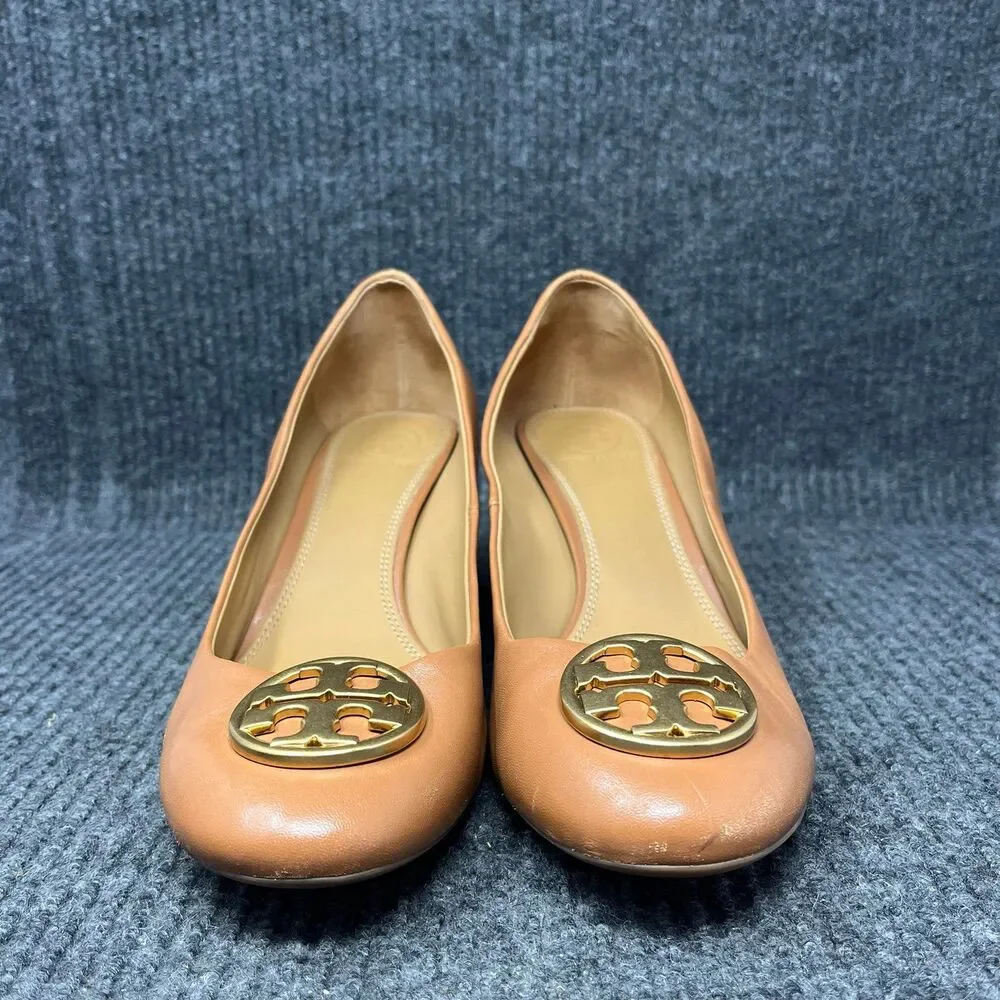 Tory Burch‎ Sally Wedge Closed Toe Heels Pumps Logo Brown Leather Women’s 9.5 M